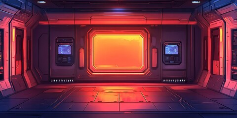 Poster - Futuristic interior of a sci-fi room with glowing window and high-tech panels during twilight