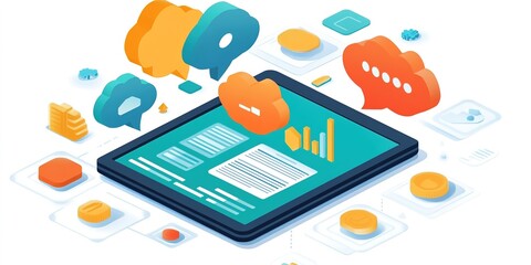 Poster - Digital communication and data analysis on a tablet with interactive elements and colorful icons