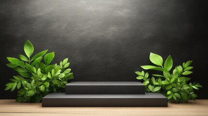 Poster - Top view of stairs flanked by lush green plants against a stylish black stone wall, creating a tranquil and inviting atmosphere