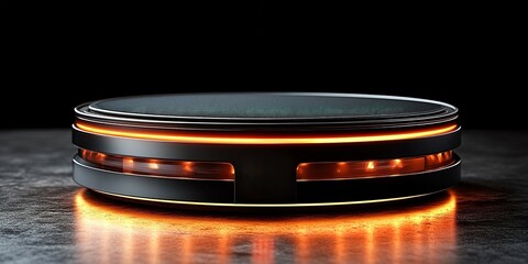 Poster - Futuristic circular gadget with glowing orange accents on a textured surface in a dark setting