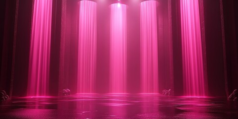 Poster - Majestic pink waterfalls cascade down glowing pillars in an ethereal environment