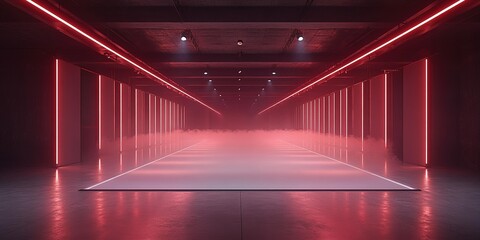 Poster - Modern illuminated runway space with fog and red light accents for fashion shows and events