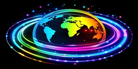 Poster - Colorful representation of Earth surrounded by vibrant rings of light in a cosmic atmosphere