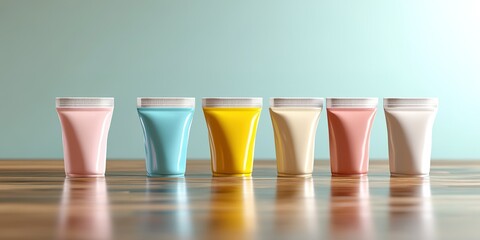 Poster - Various pastel colored paint tubes lined up on a wooden surface against a soft blue background