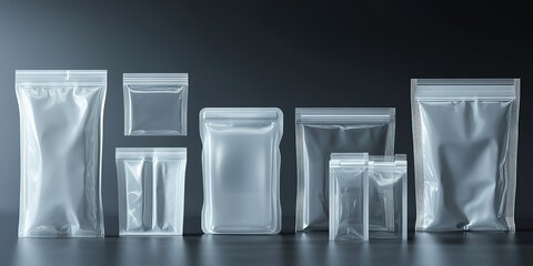 Poster - Variety of transparent resealable plastic bags arranged aesthetically on a dark surface reflecting light