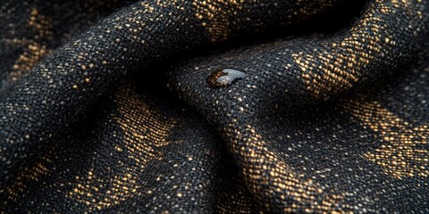 Poster - Close-up of textured fabric with a small drop of liquid highlighting intricate patterns and colors under soft lighting