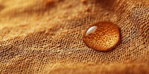 Poster - Close-up of a water droplet on textured fabric illuminated by natural light in a warm indoor setting