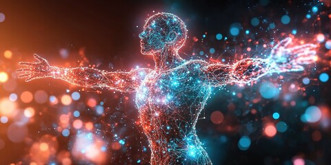 Poster - Digital representation of a human figure surrounded by glowing particles in a vibrant atmosphere