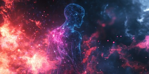 Poster - Abstract representation of a human figure in a cosmic environment with vibrant colors and digital effects