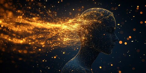 Poster - Sparkling human silhouette with flowing light particles in a dark background depicting creativity and imagination