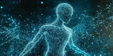 Poster - Digital representation of a human figure made of glowing particles in a dark background illustrating human existence and technology