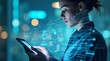 © Margarita Ratatosk - Woman using smartphone with 5G network hologram. Digital transformation and wireless technology concept. Future mobile connectivity in smart city at night