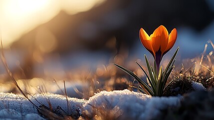 Poster - Orange Crocus Flower in Snow Sunrise