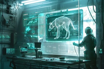 Poster - A futuristic athlete runs on a track with advanced technology enhancing their performance, A futuristic depiction of advanced technology used in animal rescue efforts