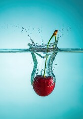 Aufkleber - Cherry splashing into water, creating dynamic ripples and bubbles