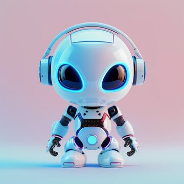 Cute blue alien robot with headphones on pink background. Futuristic toy design concept. 3D rendering of artificial intelligence for children's entertainment and education