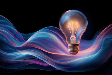 Poster - Light bulb emits warm glow amidst flowing, colorful waves in dark background