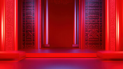 Poster - Futuristic abstract background with interconnected structures in vibrant red