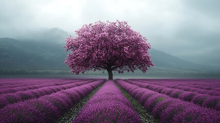 Poster - Pink Tree in Lavender Field