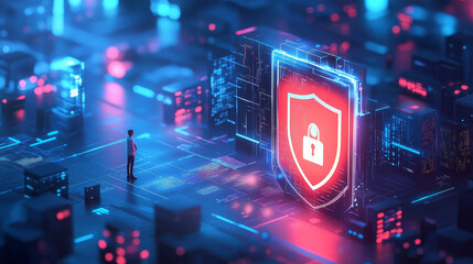 Poster - Digital security technology concept, vector illustration, tiny woman character enter password in huge smartphone with shield, internet protection
