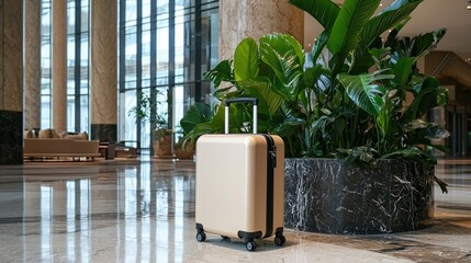 Poster - A stylish suitcase standing in a modern hotel lobby, ready for an exciting journey