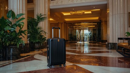 Poster - A stylish suitcase standing in a modern hotel lobby, ready for an exciting journey