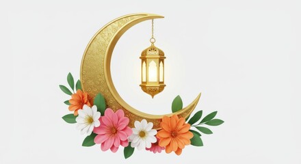 Poster - A beautiful illustration a crescent moon with intricate golden patterns and adorned with flowers symbolizing the Islamic lunar calendar an ornate lantern hanging from the top for festive Eid Ramadan