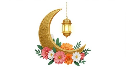 Poster - A colorful design a crescent moon adorned with intricate golden patterns and surrounded by an array of vividly colored flowers A traditional lantern hangs from the top of the crescent moon for Ramadan