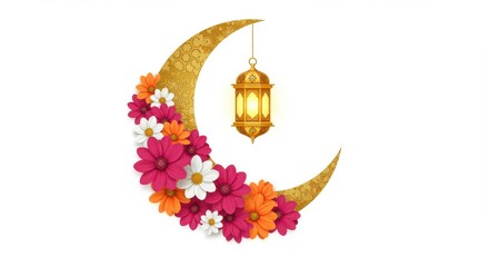 Poster - A colorful design a crescent moon adorned with intricate golden patterns and surrounded by an array of vividly colored flowers A traditional lantern hangs from the top of the crescent moon for Ramadan