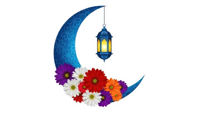 A colorful design a crescent moon adorned with intricate blue patterns and surrounded by an array of vividly colored flowers a traditional lantern hangs from the top of the crescent moon for Ramadan