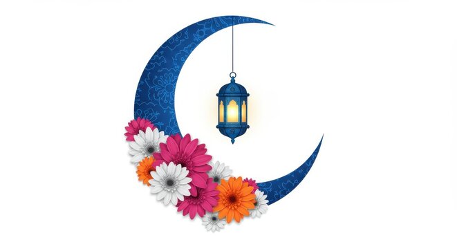 A colorful design a crescent moon adorned with intricate blue patterns and surrounded by an array of vividly colored flowers a traditional lantern hangs from the top of the crescent moon for Ramadan