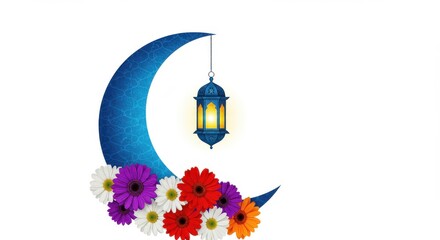 Poster - A colorful design a crescent moon adorned with intricate blue patterns and surrounded by an array of vividly colored flowers a traditional lantern hangs from the top of the crescent moon for Ramadan