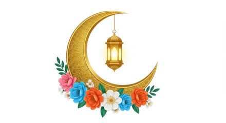 Poster - A beautiful illustration a crescent moon with intricate golden patterns and adorned with flowers symbolizing the Islamic lunar calendar an ornate lantern hanging from the top for festive Eid Ramadan