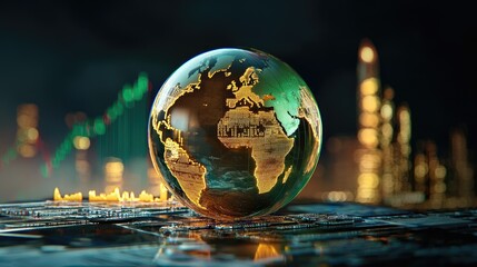 Poster - A transparent globe overlaid with stock tickers and market trends.