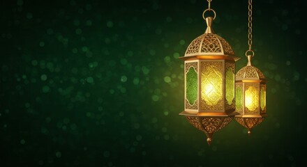 Aufkleber - Two ornate lanterns hanging with chain against a deep green background lanterns are intricately designed with detailed cut-out patterns that allow light to shine through a warm glow for Ramadan Eid