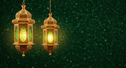 Aufkleber - Two ornate lanterns hanging with chain against a deep green background lanterns are intricately designed with detailed cut-out patterns that allow light to shine through a warm glow for Ramadan Eid