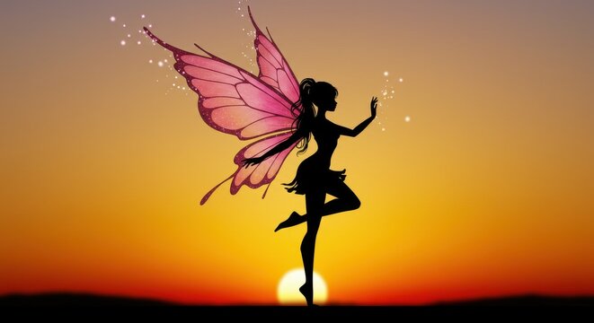 A silhouette of a fairy she has long flowing hair wings are large and gradient of colors from pink to purple The background is warm colors of the sunset