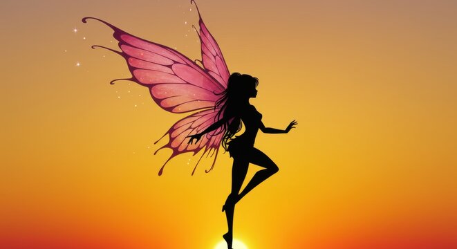 A silhouette of a fairy she has long flowing hair wings are large and gradient of colors from pink to purple The background is warm colors of the sunset