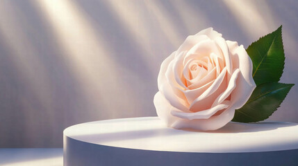 Poster - Elegant rose on white podium with soft light for romantic and nature themes