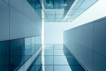 Poster - an upward perspective of a glass-walled building, showcasing the reflection of the sky in its window