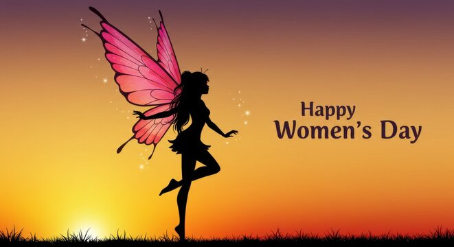 A silhouette of a fairy she has long flowing hair wings are large and gradient of colors from pink to purple The background is warm colors of the sunset The text Happy Women's Day is written