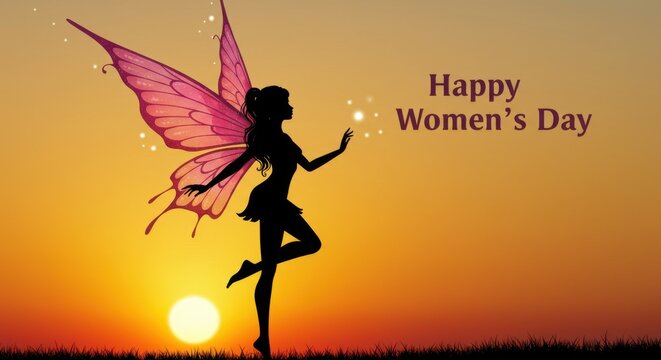 A silhouette of a fairy she has long flowing hair wings are large and gradient of colors from pink to purple The background is warm colors of the sunset The text Happy Women's Day is written