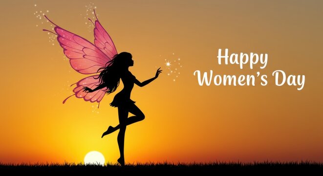 A silhouette of a fairy she has long flowing hair wings are large and gradient of colors from pink to purple The background is warm colors of the sunset The text Happy Women's Day is written
