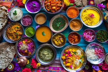 Poster - An abstract digital painting with swirling lines in vibrant orange, red, and teal hues, Create a vibrant and colorful representation of a traditional Indian thali