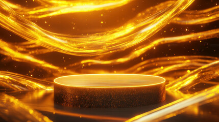 Poster - golden abstract background with glowing podium and suspended light trails