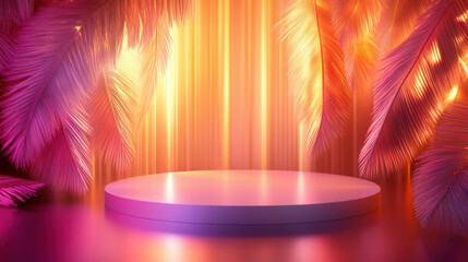 Poster - Vibrant abstract background with podium and tropical leaves for design concepts