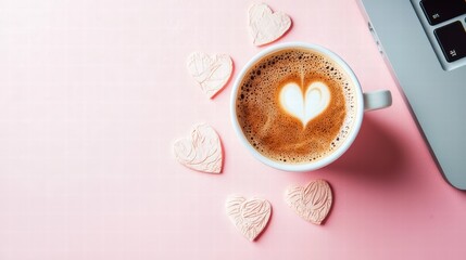 Wall Mural - love brews and digital hearts: a cup of artfully crafted coffee, adorned with a heart design, rests 