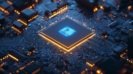 Poster - Cybernetic Core: Illuminated circuits of a CPU unit with an internal glowing, radiating the core of technological innovation and digital transformation.