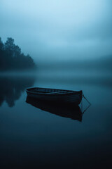 Wall Mural - A solitary wooden boat floats peacefully on a misty lake under a blue-tinted sky, surrounded by silhouetted trees and enveloped in tranquility.