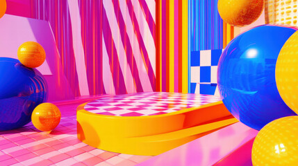 Fototapete - Vibrant abstract background with geometric shapes and podium for creative design